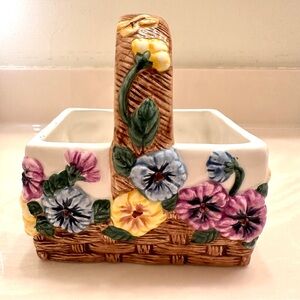 Floral Pansy Ceramic Basket with Handle Pot